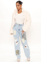 Patch Me Up Distressed Straight Leg Jeans - Light Blue Wash Ins Street